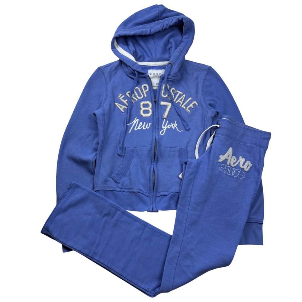 VTG Y2K Aeropostale Purple Tracksuit Set Zip Hoodie & Sweatpants Puff Print Logo